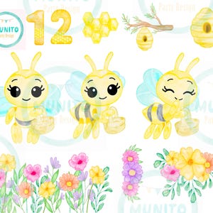 Puede incluir: Ilustraciones en acuarela de abejas, flores y elementos de panal. Incluye el número 12, una colmena y un logotipo que dice "MUNITO Party Design". La paleta de colores es principalmente amarilla, rosa y azul.