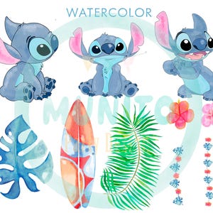 May include: Watercolor illustration featuring three blue cartoon characters with large eyes and pink ears. The image also includes a surfboard, tropical leaves, and flowers. The word "WATERCOLOR" is written at the top.
