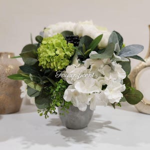 Medium Faux Flower Centerpiece – Peonies, Hydrangeas, Olive Branches & Greenery in Neutral Vase – Rustic Table Decor
