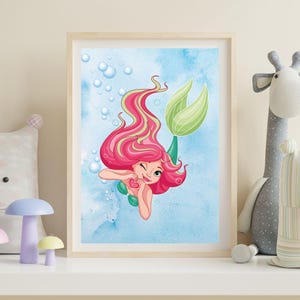 Póster de la Sirenita Ariel para habitación infantil | Descarga digital A3 y A4 | Arte mural de princesa submarina | Lámina decorativa para habitación de niña
