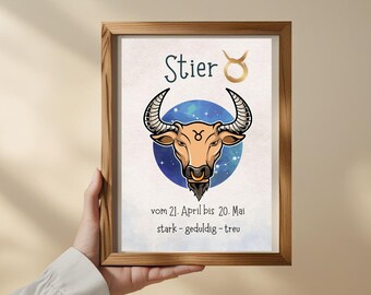 Stier Sternzeichen Poster – Digitaler Download | Astrologie Wandbild mit Charaktereigenschaften & Geburtsdatum