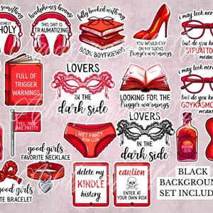 May include: A sticker sheet with various red and black illustrations. Includes headphones, books, lingerie, high heels, glasses, and phrases like "Trigger Warnings" and "Lust Potion." The words "Black Background Set Included" are also present.