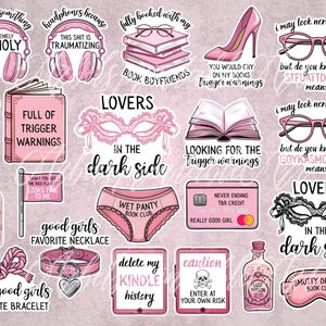 May include: A collection of pink stickers with various designs and text. Includes headphones, books, high heels, glasses, a credit card, and phrases like "Trigger Warnings" and "In the Dark Side."