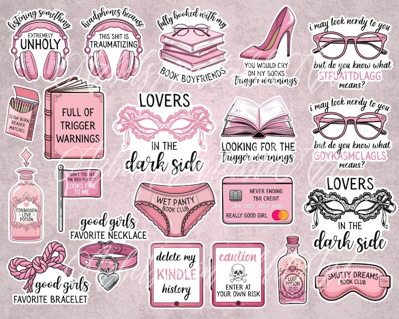 May include: A collection of pink stickers with various designs and text. Includes headphones, books, high heels, glasses, a credit card, and phrases like "Trigger Warnings" and "In the Dark Side."