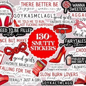 May include: A collection of over 130 stickers with various designs and text. The stickers feature red high heels, a heart-shaped pendant, a red bow, and phrases like "Trigger Warnings" and "Slow Burn Lovers".