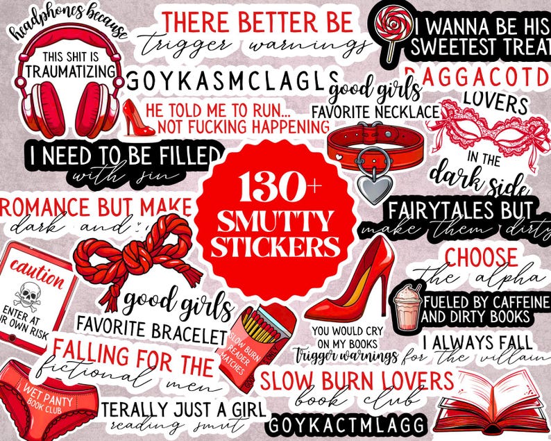 May include: A collection of over 130 stickers with various designs and text. The stickers feature red high heels, a heart-shaped pendant, a red bow, and phrases like "Trigger Warnings" and "Slow Burn Lovers".