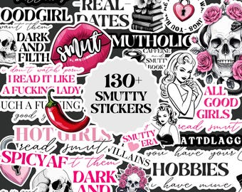 May include: A collection of 130+ stickers featuring black, white, and pink designs. Graphics include skulls, roses, lips, a chili pepper, a padlock, and a woman, with text such as 130+ SMUTTY STICKERS, I PREFER VILLAINS, and HOT GIRLS read smut.