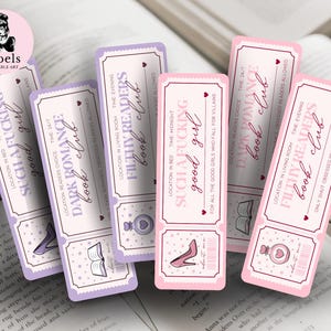 May include: A set of printable bookmarks with a vintage design. The bookmarks feature phrases such as "Such a Fucking Good Girl" and "Dark Romance Book Club" in a decorative font, with illustrations of shoes, books, and perfume bottles.