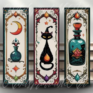 3 szt. Witchy Cat Bookmark PNG Mikstura do druku Śliczne zakładki do zestawu Natychmiastowe pobieranie zakładki Tarot PNG zakładka