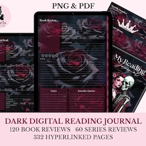 May include: Digital reading journal with a dark aesthetic. The journal features a rose design and includes sections for book reviews, series reviews, and favourite quotes. The text on the journal reads "My Reading Journal". Available in PNG and PDF formats.
