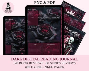 Dark Aesthetic Digital Reading Journal Book Tracker Hyperlinked PDF Planner Full Year Dark Undated Romance Journal With Challenges