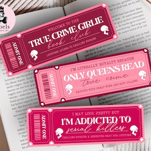 3pcs True Crime Girlie Ticket Bookmark PNG Book lover Bookmark Movie Ticket Bookmarks Murder Mystery PNG Bookmark Cute Bookmarks