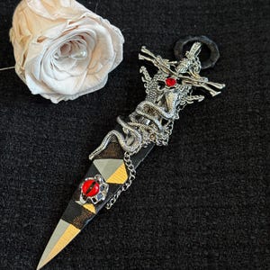 Gothic Kunai Letter Opener with Dragon, Cross & Red Gem - Crimson Knight’s Oath