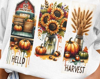 Hello Harvest Png, Rustic Fall Farmhouse Sublimation, Vintage Truck Pumpkin Brushstroke Design