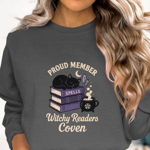 Witchy Readers Coven Sweatshirt, Proud Member Spells Books Cat Graphic, Cozy Magical Pullover, Gift for Book Lovers