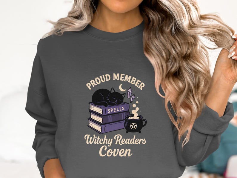 Witchy Readers Coven Sweatshirt, Proud Member Spells Books Cat Graphic, Cozy Magical Pullover, Gift for Book Lovers