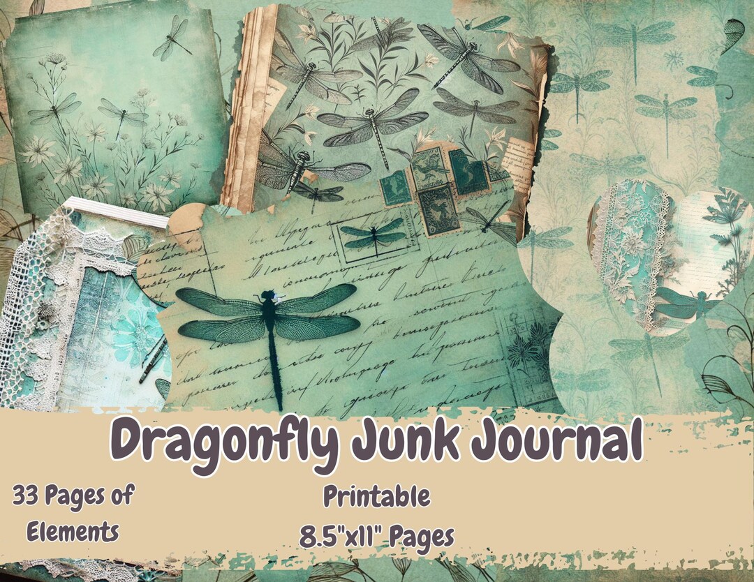 Dragonfly Junk Journal Kit: Vintage Ephemera, Shabby Chic Pages ...