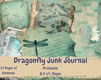 Dragonfly Junk Journal Kit: Vintage Ephemera, Shabby Chic Pages (Digital Download