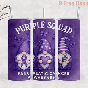 Pancreatic Cancer Awareness Tumbler Wrap: Purple Gnomes, Butterflies (Digital Download PNG)