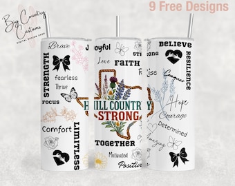 May include: Three white 20 oz. stainless steel tumblers with various designs. One tumbler features a black bow, butterfly, and the words "Brave" and "Strength". Another has a Texas outline and the words "Hill Country Strong". The third has a heart and the word "Believe".