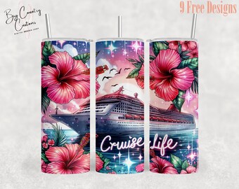 Cruise Life Tumbler Wrap: Tropical Hibiscus, Cruise Ship (PNG Digital Download)
