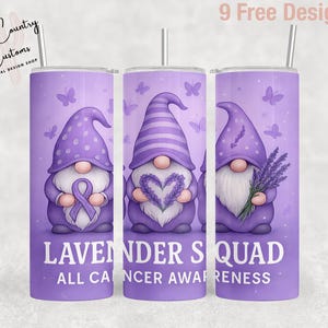 Lavender Cancer Awareness Tumbler Wrap: Gnomes & Butterflies (Digital Download PNG)