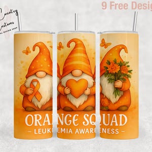 Leukemia Awareness Tumbler Wrap: Orange Gnomes, Support Squad (Digital Download PNG)