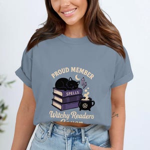 Witchy Readers Club T-Shirt, Proud Member Spells Books Cat Graphic Tee, Casual Women's Fashion Top, Unique Gift Idea