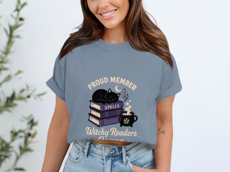 Witchy Readers Club T-Shirt, Proud Member Spells Books Cat Graphic Tee, Casual Women's Fashion Top, Unique Gift Idea