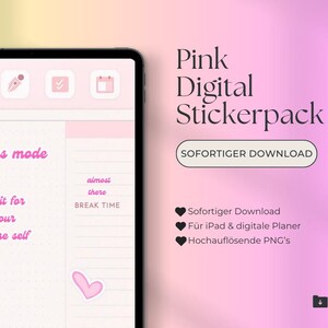 Könnte beinhalten: Rosa digitales Sticker-Paket für iPad und digitale Planer. Das Paket enthält Sticker mit Text wie "Fokusmodus", "Tu es für dein zukünftiges Ich" und "Fast da".