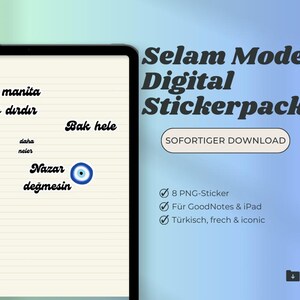 Peut inclure: Un pack de stickers numériques avec 8 stickers PNG pour GoodNotes et iPad. Les stickers présentent des phrases turques comme "Bak hele" (Regarde ça) et "Nazar değmesin" (Que le mauvais œil ne te touche pas). Le pack de stickers est disponible en téléchargement immédiat.