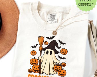 Spooky Vibes Ghost Shirt: Witch Hat Pumpkin Graphic Tee