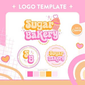Puede incluir: Una plantilla de logotipo para una panadería, con el texto "Sugar Bakery" en una fuente retro, y una ilustración de cupcake. El diseño incluye una paleta de colores y variaciones de logotipo en rosa, naranja y blanco.