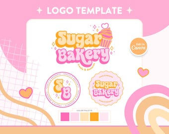 Może przedstawiać: Szablon logo dla piekarni, z tekstem "Sugar Bakery" w stylu retro i ilustracją babeczki. Projekt zawiera paletę kolorów i dodatkowe warianty logo w kolorze różowym, pomarańczowym i białym.