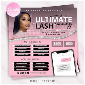 Puede incluir: Folleto rosa y morado para formación de pestañas. Incluye foto de mujer, texto "ULTIMATE LASH training", y lista de lo que incluye y se aprende en la clase. Un teléfono muestra un mensaje de texto.
