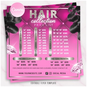 May include: Pink flyer with a diamond pattern background, advertising a hair collection price list. Includes prices for straight, deep wave, and bundle deals. Features the text "Hair Collection Price List".