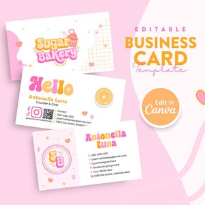 Könnte beinhalten: Eine Visitenkartenvorlage in Rosa und Weiß. Die Karten zeigen den Text "Sugar Bakery" und "Hello Antonella Luna". Das Design beinhaltet eine Cupcake-Illustration, Herzen und die Option zur Bearbeitung in Canva.