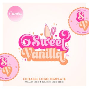 Può includere: Un logo rosa e arancione con la scritta "Sweet Vanilla" in un font retrò, accompagnato da illustrazioni di utensili da cucina. Include due loghi circolari con le iniziali "SV". Il logo Canva si trova nell'angolo in alto a sinistra.