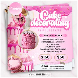 Puede incluir: Folleto rosa que promociona una clase magistral de decoración de pasteles. El diseño incluye imágenes de pasteles decorados y enumera temas como crema de mantequilla, fondant y flores de azúcar. El folleto presenta el texto "Cake decorating MASTERCLASS" en rosa.