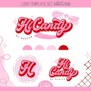 Könnte beinhalten: Ein Logo-Vorlagensatz in Rosa- und Rottönen mit dem Text "Hi Candy" in einer Retro-Schriftart. Das Set enthält mehrere Logo-Variationen, eine Schleifenillustration und den Text "Edit in Canva".
