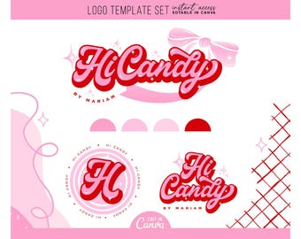 Szablon projektu logo w stylu retro, edytowalny w Canva, kolorowe logo małej firmy, gotowe logo w kolorze różowym i czerwonym, zabawny, jasny projekt logo w stylu boho