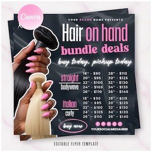 Hair Extension Flyer Template, Hair on Hand Flyer, Hair Extension Flyer, Hair Bundle Deals, Hair Price List Flyer, Hair Wig Flyer, Editable