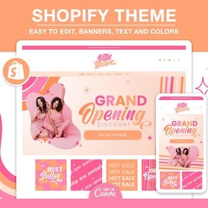 Pode incluir: Anúncio de um tema Shopify com um esquema de cores rosa e laranja. O design apresenta um mockup de site e telemóvel com o texto "Grand Opening Discount". A imagem também inclui o texto "Fácil de editar, banners, texto e cores."