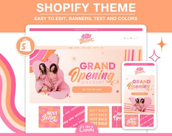 Tema de Shopify con colores personalizables y coloridos. Plantilla de Shopify con banners editables en Canva. Diseño estético femenino y brillante en naranja y rosa.