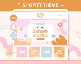 May include: A Shopify theme design with a pastel color palette. The design features the text "SHOP OUR Latest collection" and "SHOP NOW". Additional text includes "New", "Best Sellers", "Sale", and "Gift Ideas". Decorative elements include stars, hearts, and flowers.