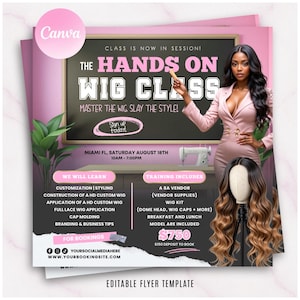 Könnte beinhalten: Rosa und weißer Flyer für einen Perücken-Kurs. Der Flyer zeigt eine Frau in einem rosa Anzug, eine Tafel mit Text und eine Perücke auf einem Schaufensterpuppenkopf. Der Flyer enthält den Text "The Hands On Wig Class" und "Master the Wig, Slay the Style!"