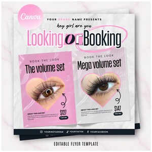 Puede incluir: Un folleto rosa y blanco con el texto "Looking or Booking" en blanco y negro. El folleto anuncia dos juegos de pestañas: "The volume set" por $ 127 y "Mega volume set" por $ 147. Cada juego se muestra con un primer plano de un ojo con pestañas.