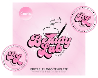 Plantilla de diseño de logotipo editable DIY, plantilla de logotipo Beauty Pink, plantilla de logotipo de pestañas, diseño de logotipo de técnico de pestañas, logotipo editable en Canva