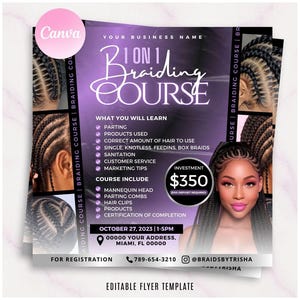 Puede incluir: Un folleto para un curso de trenzado 1 a 1 con un diseño púrpura y negro. El folleto incluye el nombre del curso, los temas cubiertos y el costo de la inversión. Se presenta una mujer con cabello trenzado.