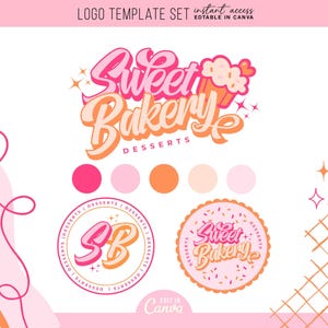Puede incluir: Un conjunto de plantillas de logotipos para una Sweet Bakery, con una combinación de colores rosa y naranja. El diseño incluye el texto "Sweet Bakery Desserts" en una fuente estilizada, junto con variaciones de logotipos circulares.